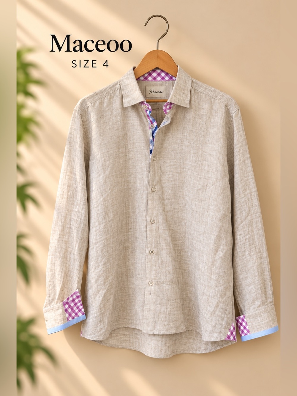 Maceoo Mens Size 4 LARGE Long Sleeve Shirt Sand color Linen EUC